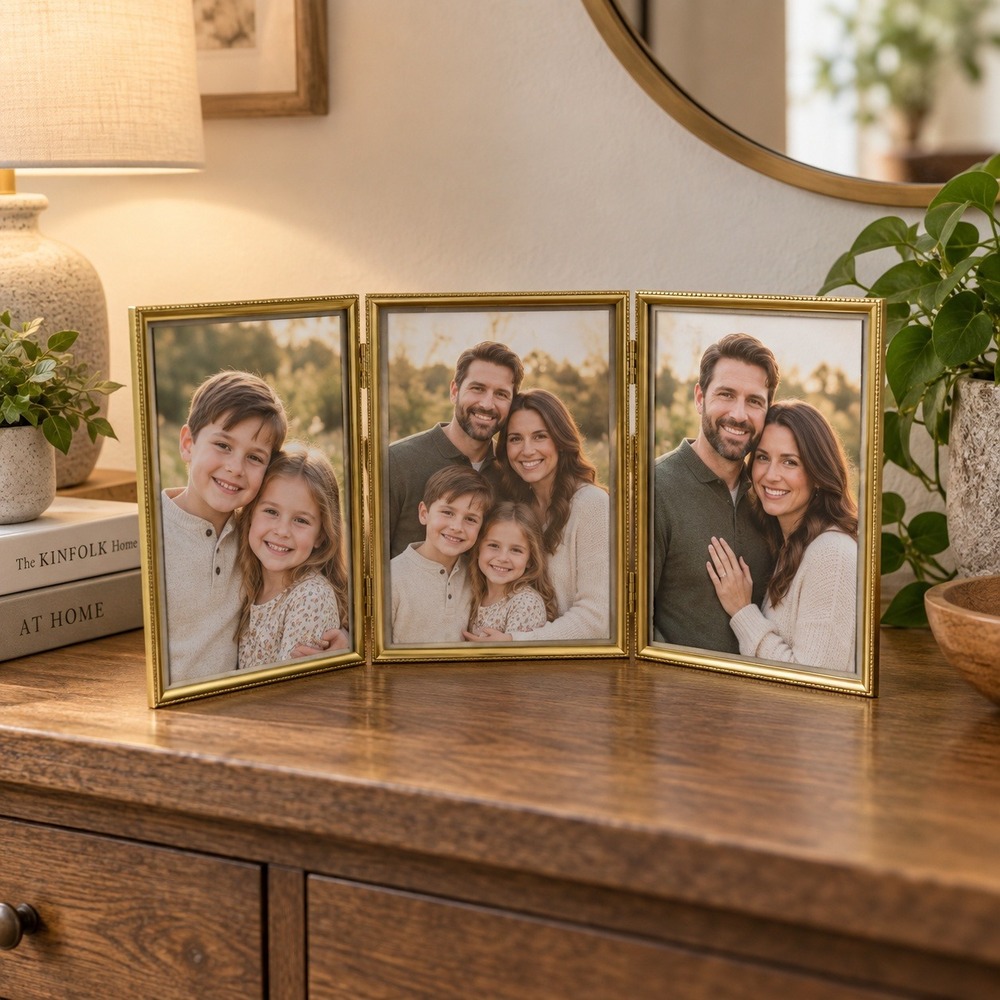 Vintage Triple 5x7 Hinged Photo Frame Gold Tone Folding Family Picture Frame